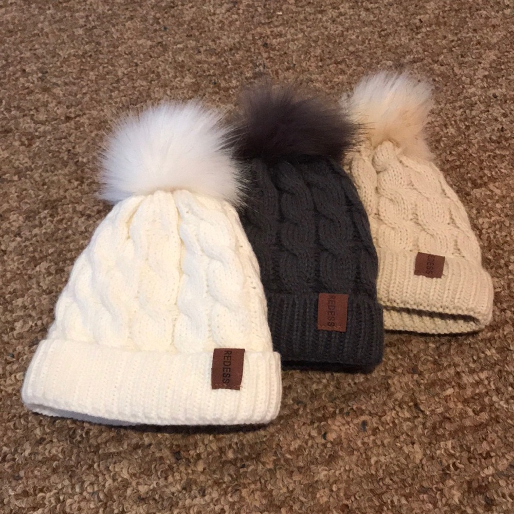 Infant Toddler Knit Wool Beanie Fur White Tan Gray